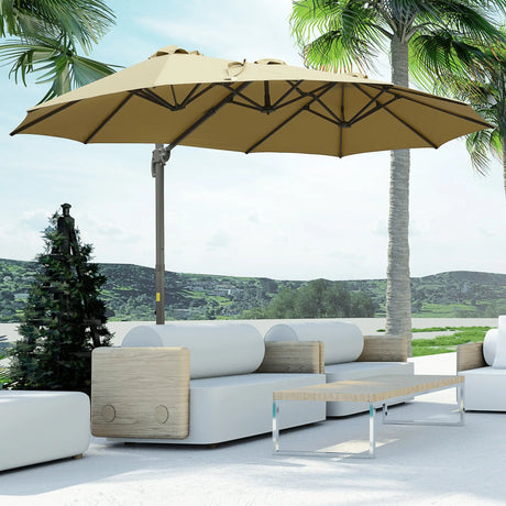 Outsunny 4.5 m Patio Parasol, Large Double-Sided Rectangular Garden Umbrella with Crank Handle, 360 Cross Base for Bench, Outdoor, Khaki