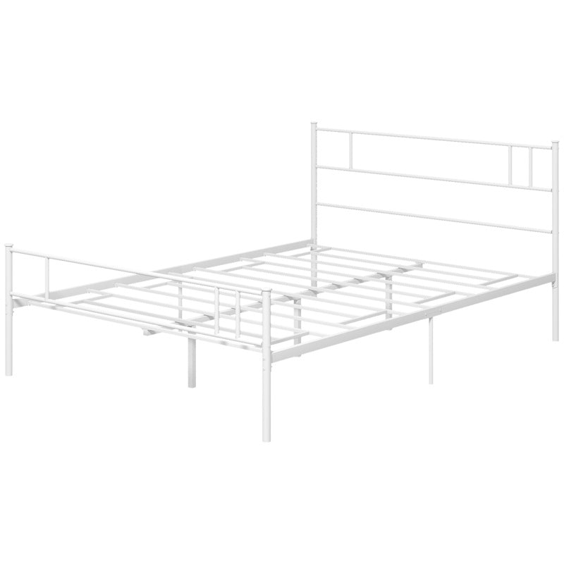 HOMCOM Double Metal Bed Frame Solid Bedstead Base with Headboard and Footboard, Metal Slat Support and Underbed Storage Space, Bedroom Furniture, White