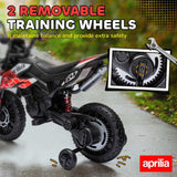 AIYAPLAY 12V Aprilia Licensed Kids Motorbike with Training Wheels, Spring Suspension, LED Headlight, USB, Music, Red/Black