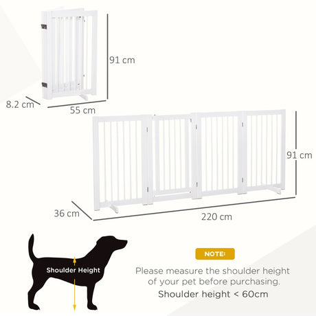 PawHut Freestanding Pet Gate 4 Panels Wooden Dog Safety Fence Foldable with Support Feet for Doorway Stairs 91cm Tall White