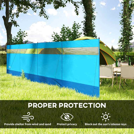 Outsunny Camping Windbreaker with Clear Windows, Carry Bag and Steel Poles, for Beach Caravan Campervan, 725 x 140cm, Blue