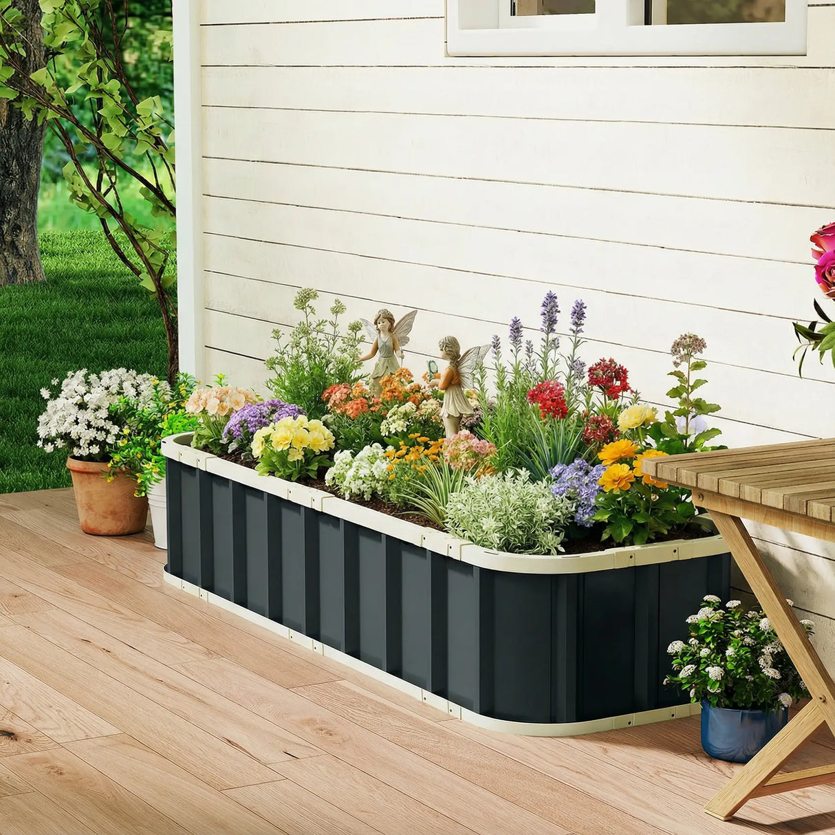 Outsunny Galvanised Raised Garden Bed, 5 x 2 x 1 ft Metal Planter with Gloves and Folded Edging, Dark Grey