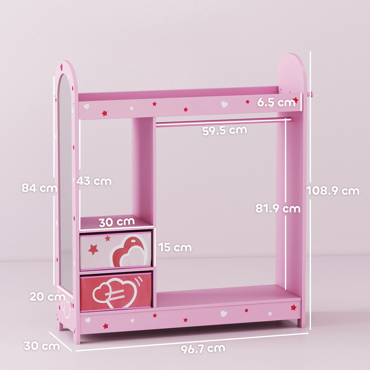 AIYAPLAY Kids Clothes Rail, Kids Wardrobe with Mirror, Shelves, Fabric Storage and Hooks for Bedroom, Nursery, Pink
