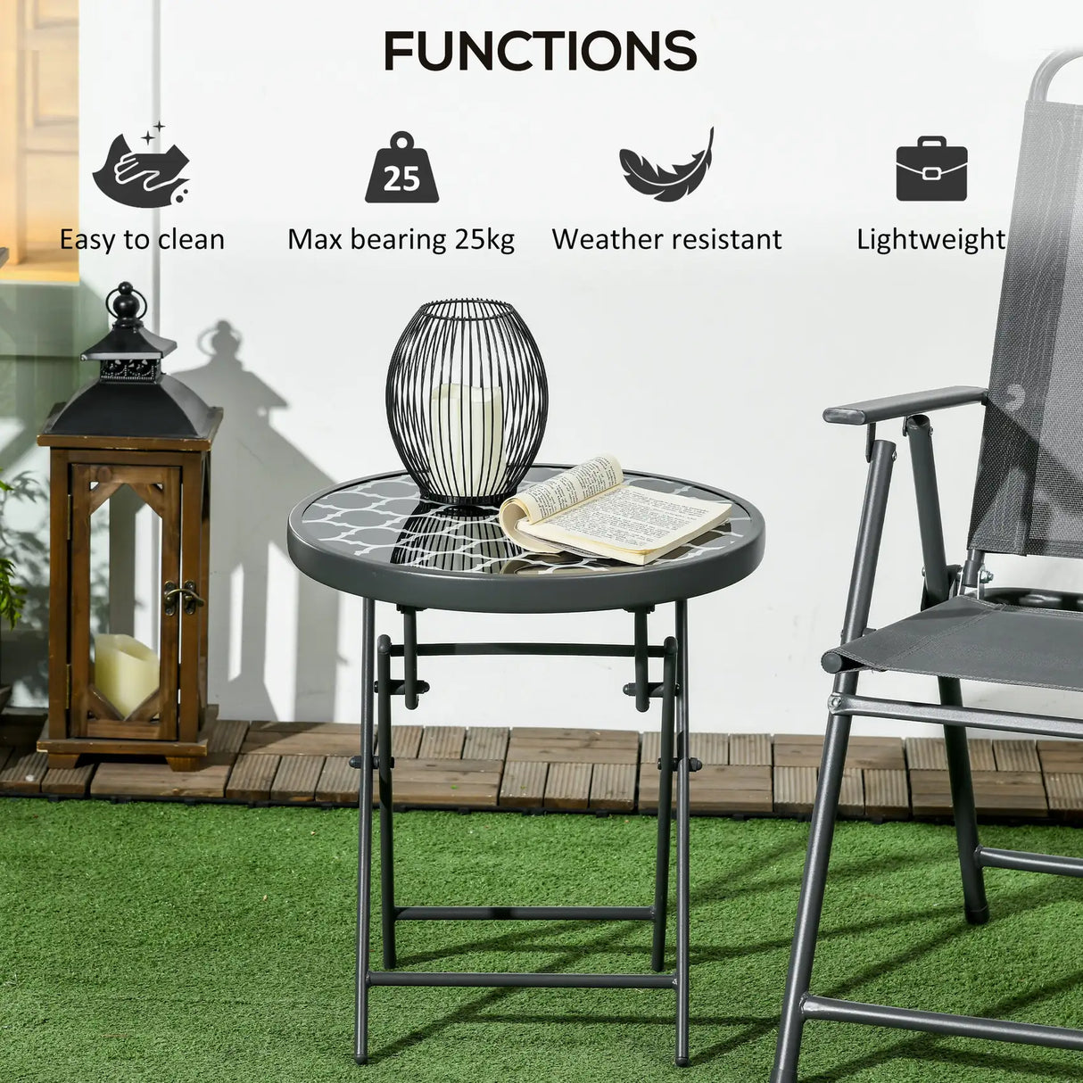 Outsunny 45cm Garden Side Table, Outdoor Round Folding Patio Table with Imitation Marble Glass Top, Small Coffee Table, Black and White