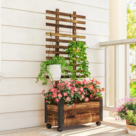 Outsunny Raised Garden Bed with Trellis, Outdoor Wooden Planter Box with Metal Corners and Wheels, Raised Bed for Garden