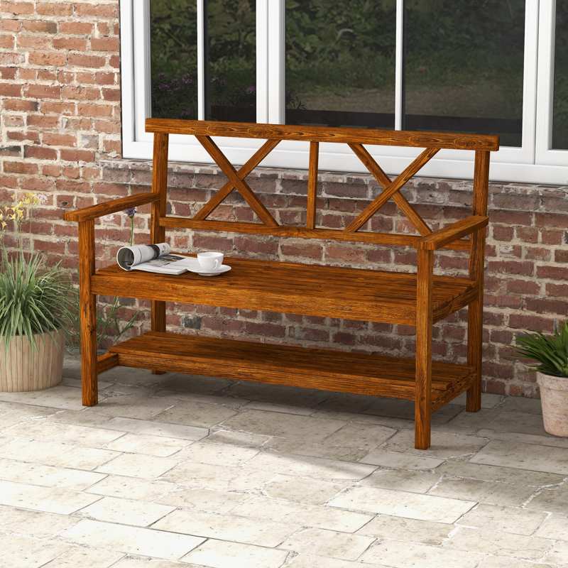 Outsunny Two-Seater Fir Wood Bench, with Bottom Shelf - Natural