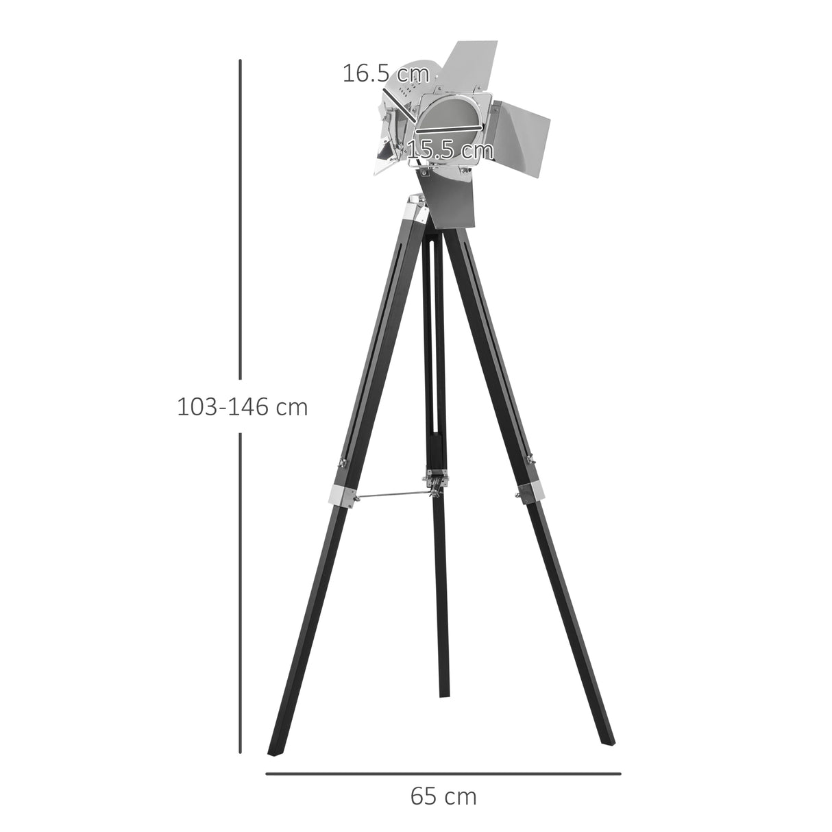 HOMCOM Industrial Tripod Floor Lamp, Nautical Cinema Standing Spotlight with Wood Legs and Adjustable Height for Living Room, Bedroom, Black and Silver