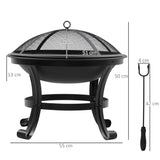 Outsunny Outdoor Fire Pit, Firepit with Mesh Lid, Poker, for Camping, Bonfire, Picnic, Black