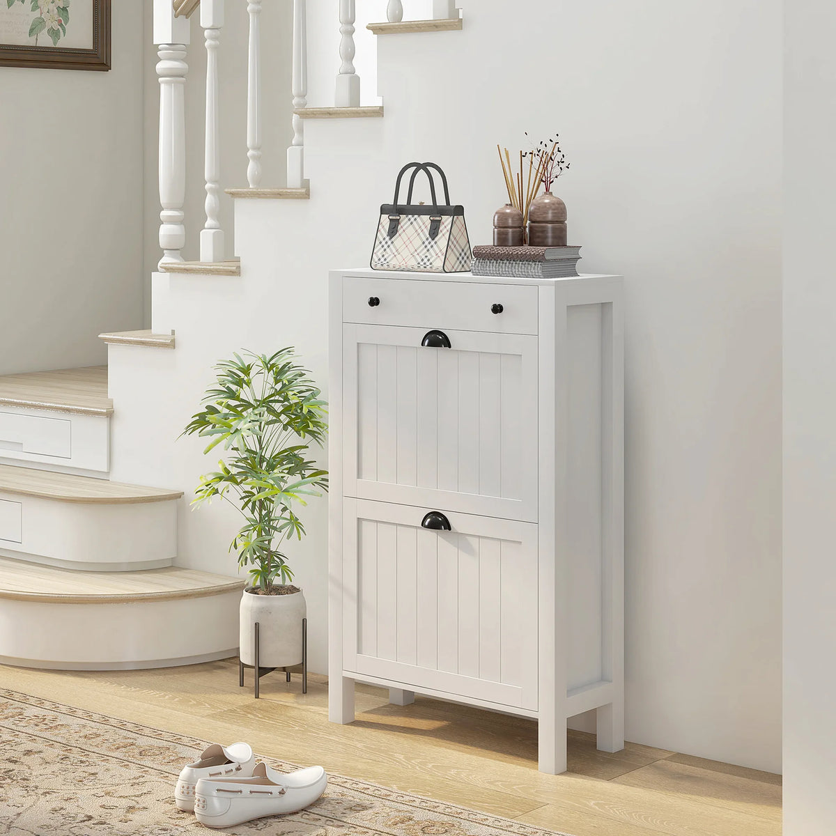 HOMCOM Narrow Shoe Cabinet with 2 Flip Drawers and Adjustable Shelves, White
