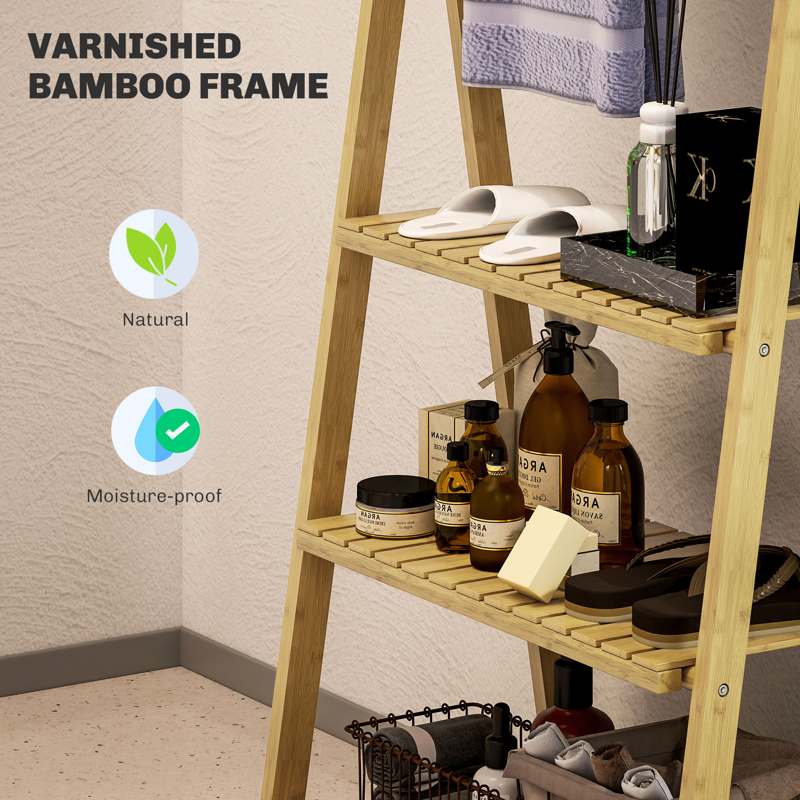 HOMCOM Three-Shelf Bamboo Storage Unit, with Towel Racks - Natural Finish