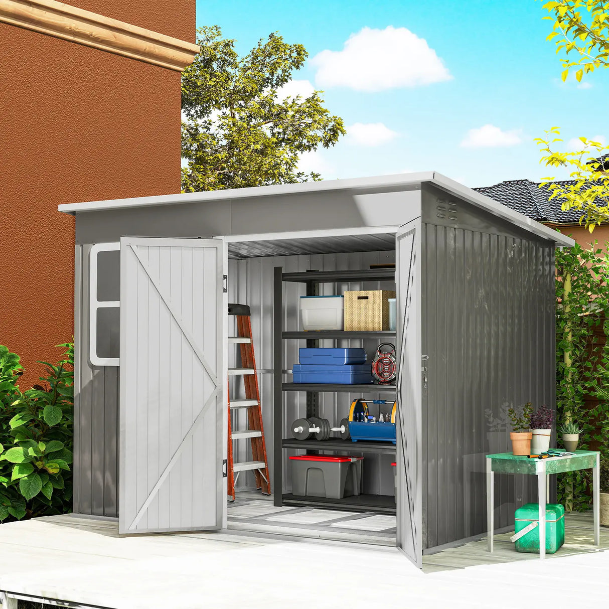 Outsunny 8.5 x 6ft Storage Shed Galvanised Steel Garden Shed, Metal Shed with Foundation Kit, Window, Lockable Wide Doors and Air Vents for Outdoor Patio, Light Grey