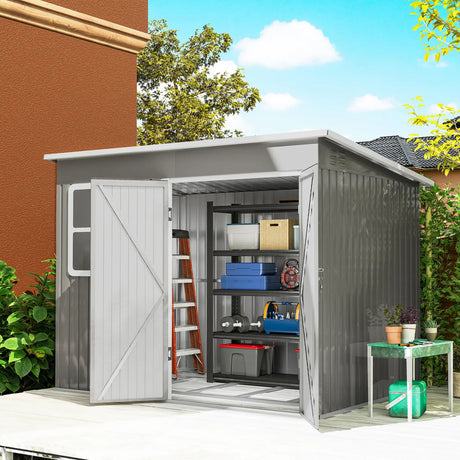 Outsunny 8.5 x 6ft Storage Shed Galvanised Steel Garden Shed, Metal Shed with Foundation Kit, Window, Lockable Wide Doors and Air Vents for Outdoor Patio, Light Grey