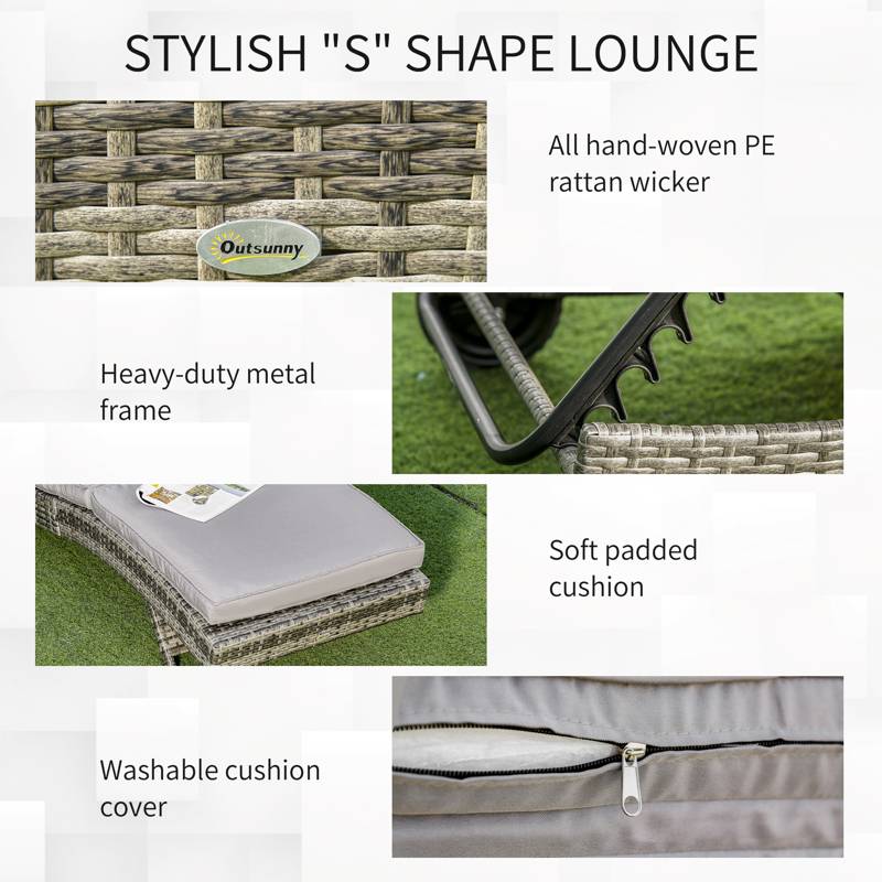 Outsunny Patio Wicker Chaise Lounge Chair, Outdoor PE Rattan Sun Lounger with Adjustable Backrest and 2 Wheels, Grey