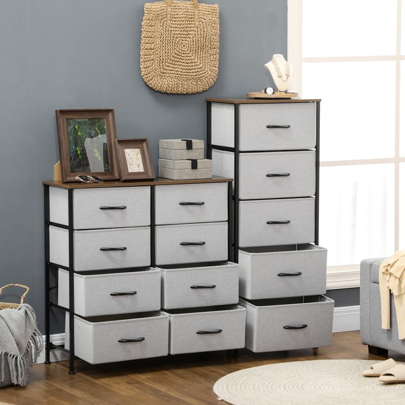 HOMCOM Fabric Chest of Drawers, Storage Drawers, Industrial Bedroom Dresser with 8 Fabric Drawers, Steel Frame and Wooden Top for Nursery, Living Room, Hallway, Grey