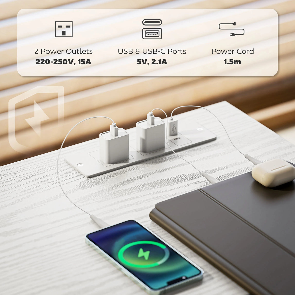 HOMCOM 120cm Computer Desk with Power Outlets, Office Desk Study Table with 3 Fabric Drawers and 4 Storage Shelves, White