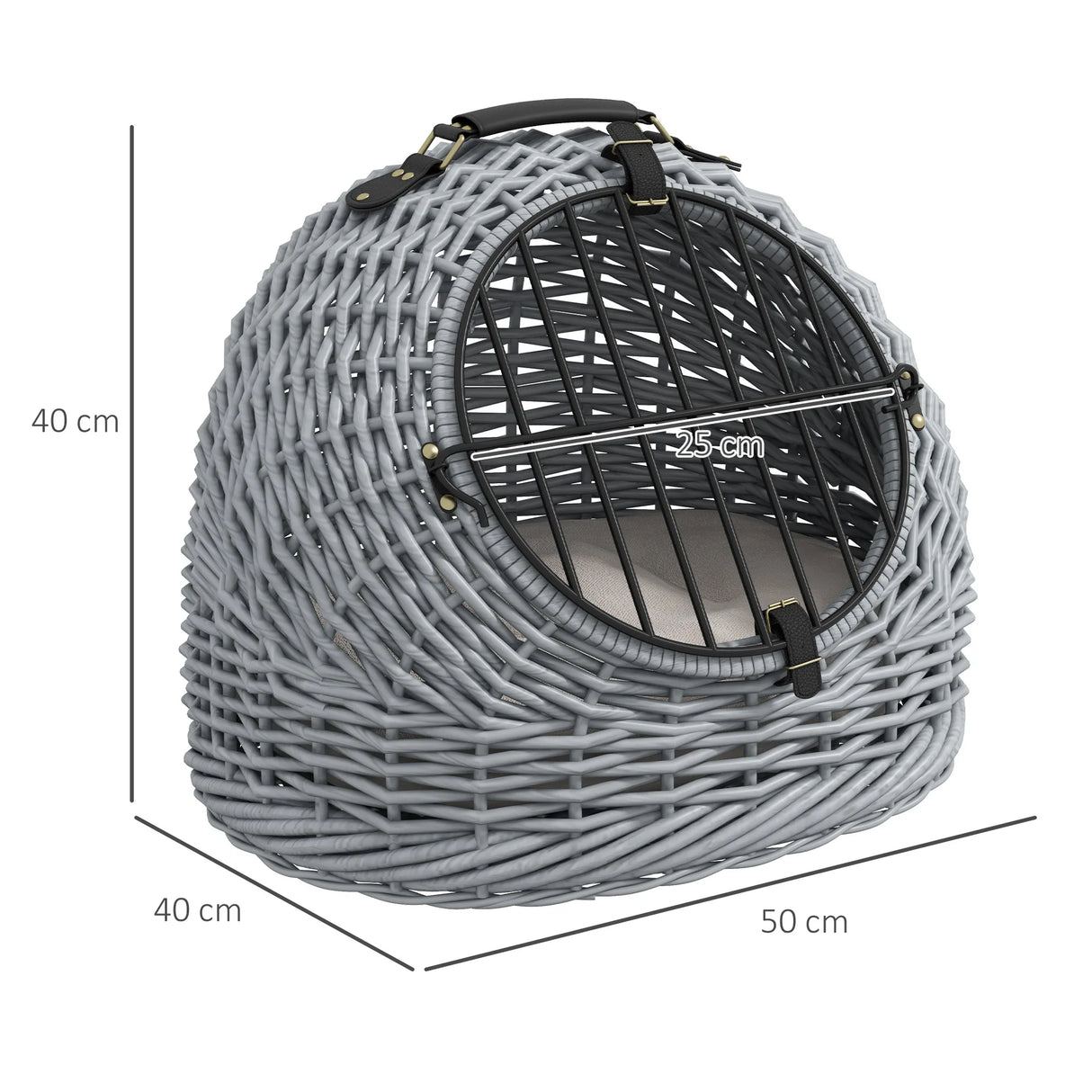 PawHut Wicker Pet Carrier Basket Cat Kitten Bed Portable Travel Cage w/ Soft Cushion Handle Grey 50 x 40 x 40 cm