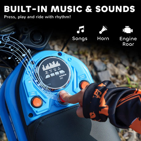 HOMCOM 24V Electric Motorbike with Twist Grip Throttle, Music, Horn, 12" Pneumatic Tyres, 16km/h Max Speed - Blue