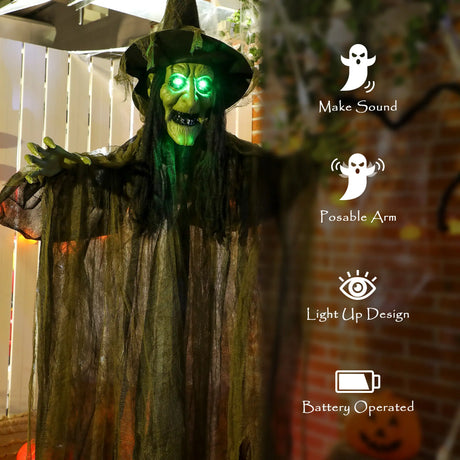 Outsunny 170 cm Life Size Hanging Halloween Animated Witch with Glowing LED Eyes, Spooky Witch Scary Halloween Decorations, Battery Operated, Indoor Party Props