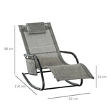 Outsunny Outdoor Garden Rocking Chair, Patio Sun Lounger Rocker Chair with Breathable Mesh Fabric, Removable Headrest Pillow, Armrest, Side Storage Bag, Dark Grey