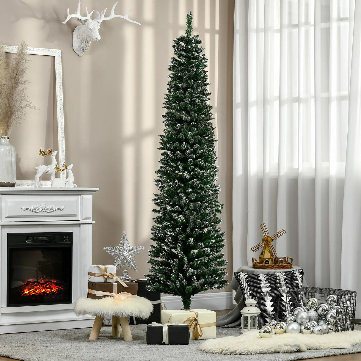 HOMCOM 6FT Artificial Snow Dipped Christmas Tree Xmas Pencil Tree Holiday Home Indoor Decoration with Foldable Black Stand, Green