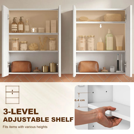 HOMCOM Wall Mounted Bathroom Mirror Storage Cabinet w/ Door Adjustable Shelf, White