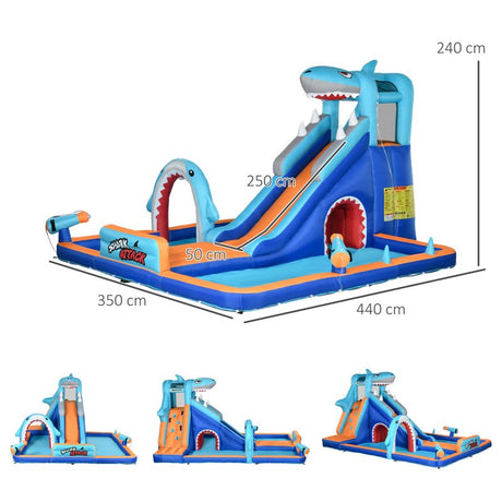 Outsunny 6 in 1 Shark-Themed Bouncy Castle, Inflatable Water Park, with Slide, Pool, Trampoline, Blower, for Ages 3-8 Years