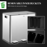 HOMCOM 3 x 15L Pedal Bin, Steel Triple Kitchen Bin with Soft Close Lid, Removable Inner Buckets, Fingerprint-Proof, Silver