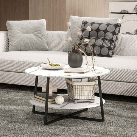 HOMCOM Two-Tier Marble-Effect Coffee Table - White/Black