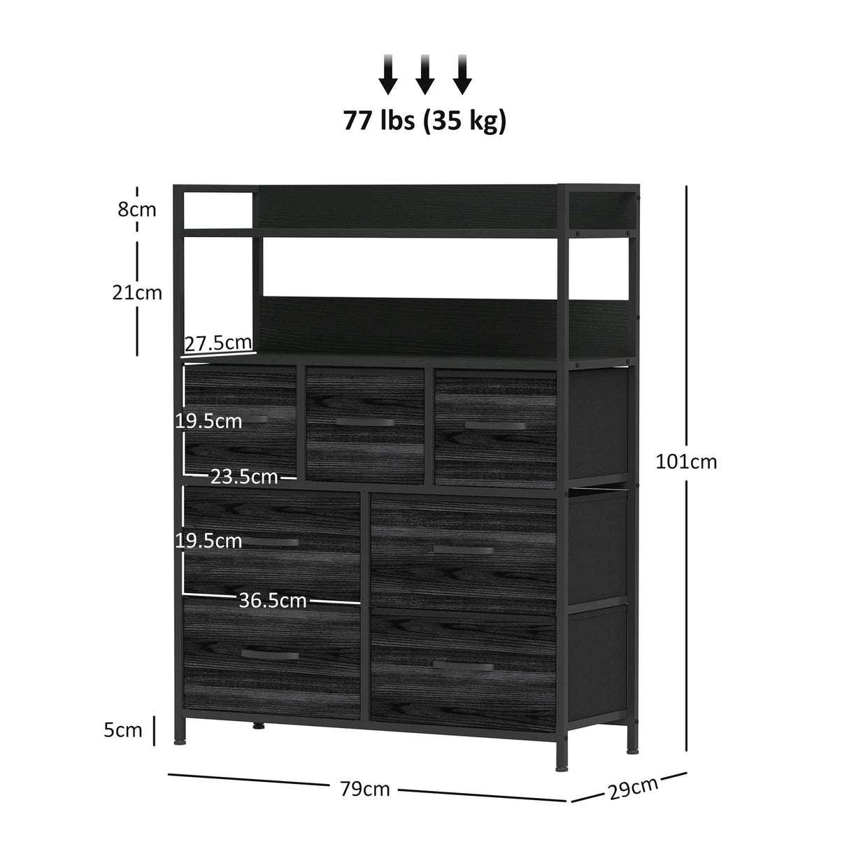 HOMCOM Rustic Chest of Seven Fabric Drawers - Black