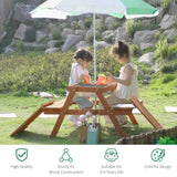 Outsunny Kids Picnic Table with Benches, Wooden Sand and Water Table, Adjustable Parasol, Storage Bins, for Kids 3-6 Years, Brown