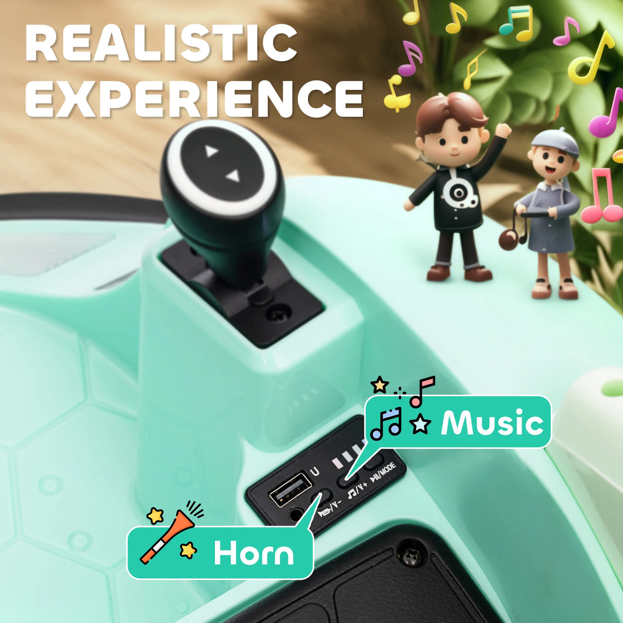 AIYAPLAY 360 Rotation Kids Bumper Car, 12V Waltz Car with Remote Control, Dual Joystick, Music, Lights, Green