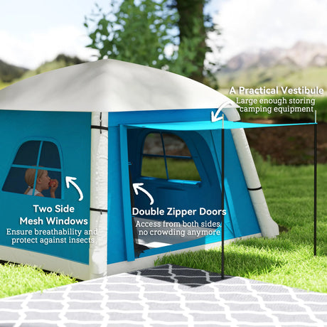 Outsunny Inflatable Camping Tent w/ Hand Pump, Easy Setup 1/2 Person Blow Up Tent Waterproof 190T Taffeta w/ Mesh Windows, Doors and Carry Bag, Light Blue