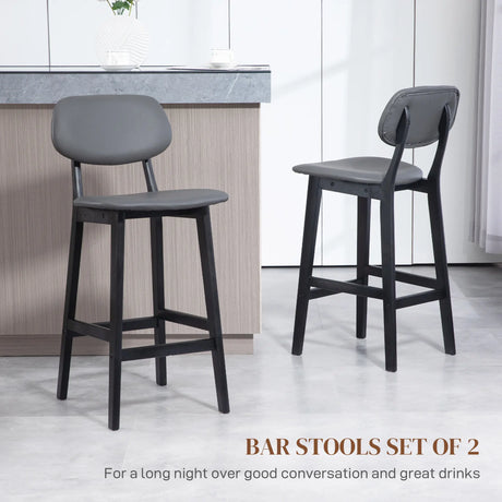 HOMCOM Bar Stools Set of 2, Breakfast Bar Chairs, PU Leather Upholstered Kitchen Stools with Backs, Footrests and Solid Wood Legs, Dark Grey