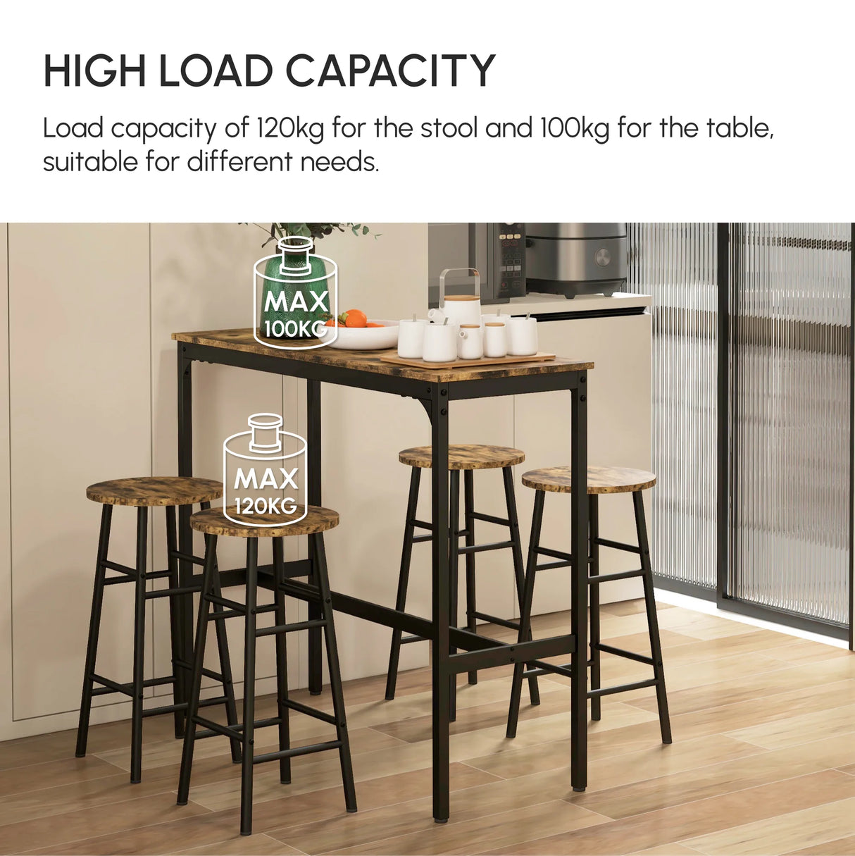 HOMCOM 5 Piece Bar Table Set with 4 Stools, Industrial Bar Table and Stool Set, Dining Table and Chair Set, Rustic Brown