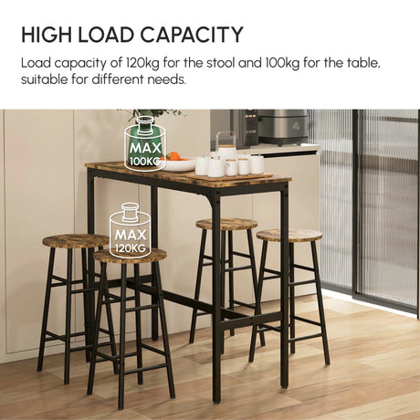 HOMCOM 5 Piece Bar Table Set with 4 Stools, Industrial Bar Table and Stool Set, Dining Table and Chair Set, Rustic Brown