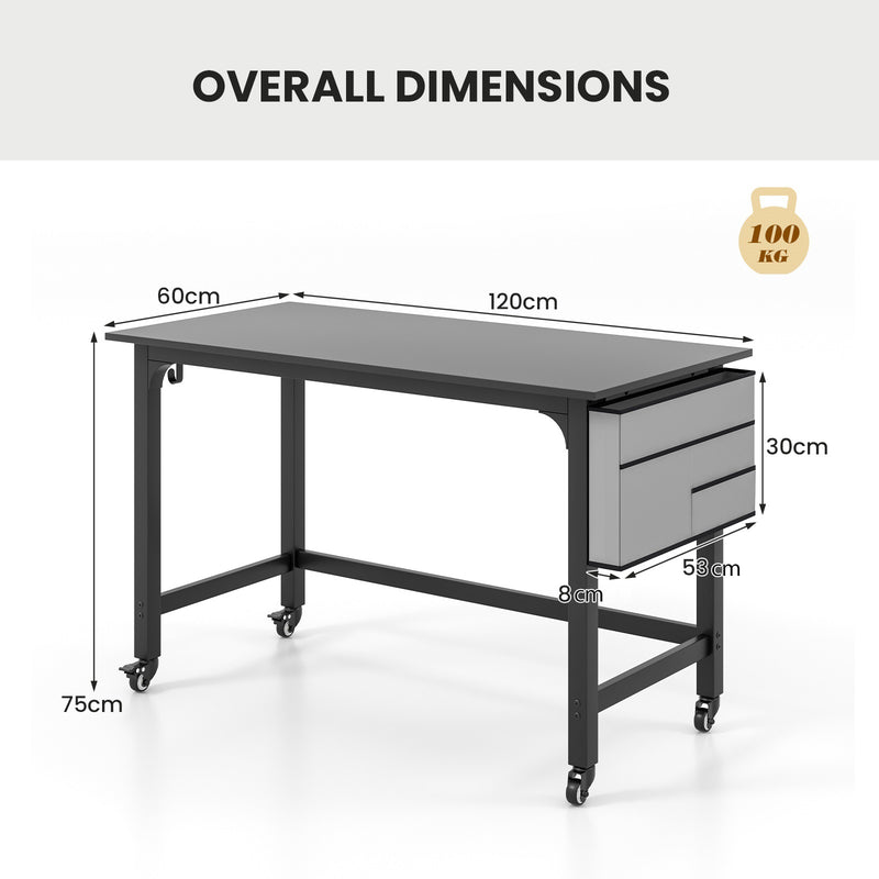 120cm Mobile Computer Desk with Storage Bag and 2 Headphone Hooks-Black