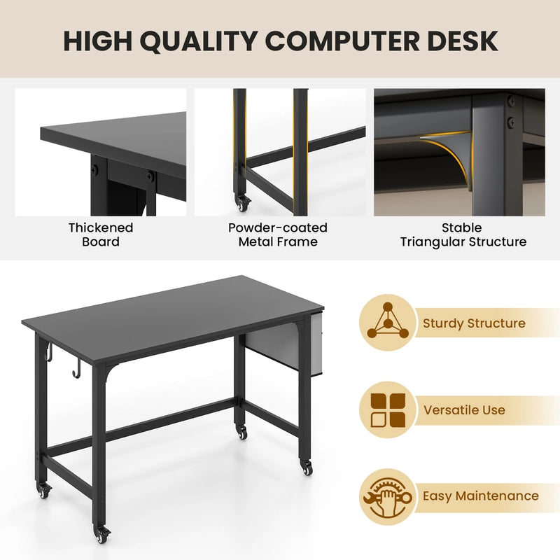 120cm Mobile Computer Desk with Storage Bag and 2 Headphone Hooks-Black
