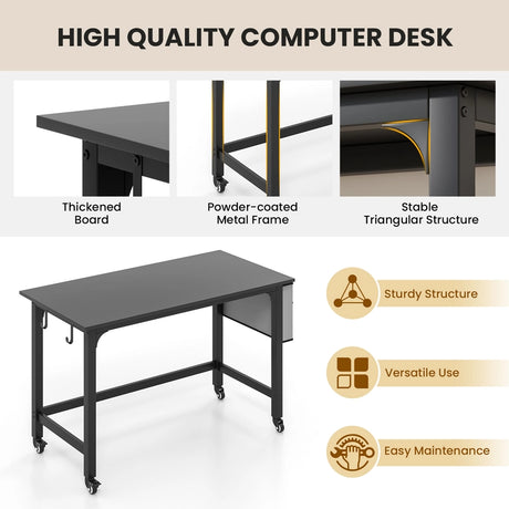 120cm Mobile Computer Desk with Storage Bag and 2 Headphone Hooks-Black