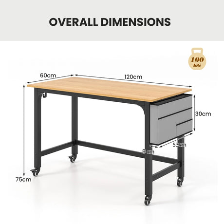 120cm Mobile Computer Desk with Storage Bag and 2 Headphone Hooks-Natural
