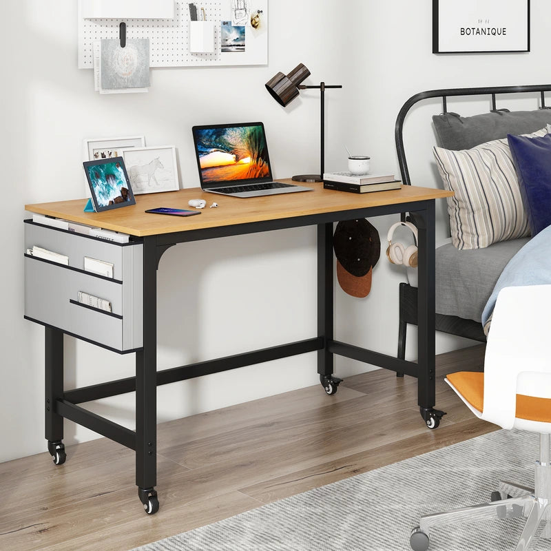 120cm Mobile Computer Desk with Storage Bag and 2 Headphone Hooks-Natural