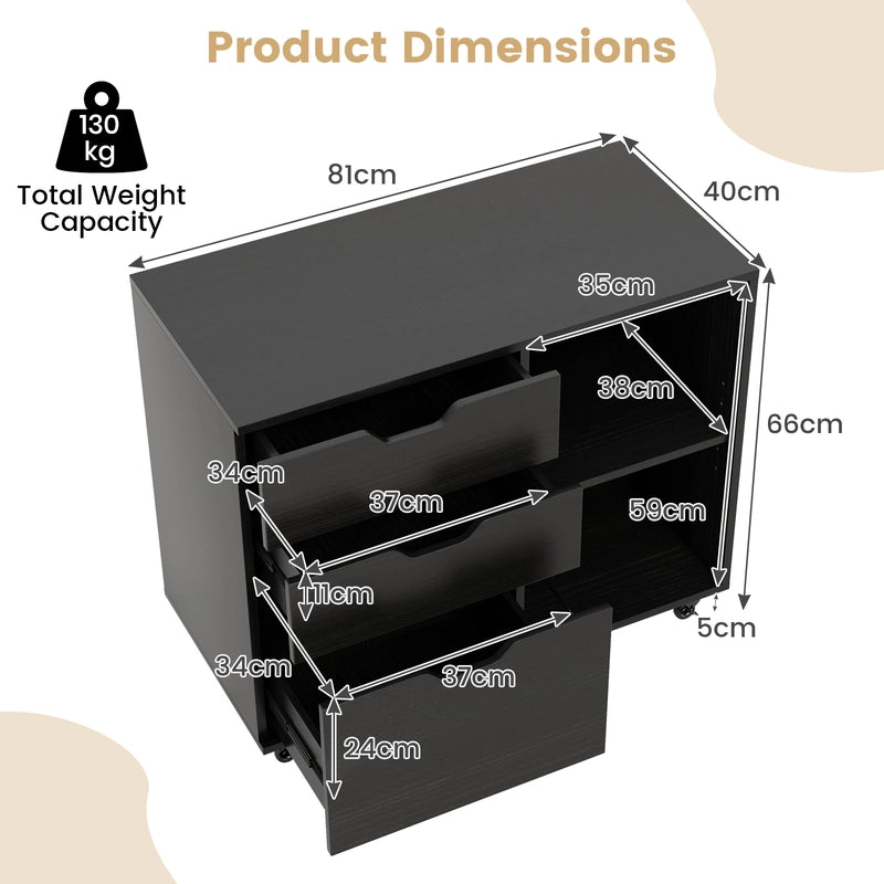 3-Drawer File Cabinet with Adjustable Shelf and Wheels for Letter-Black
