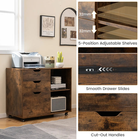 3-Drawer File Cabinet with Adjustable Shelf and Wheels for Letter-Rustic Brown