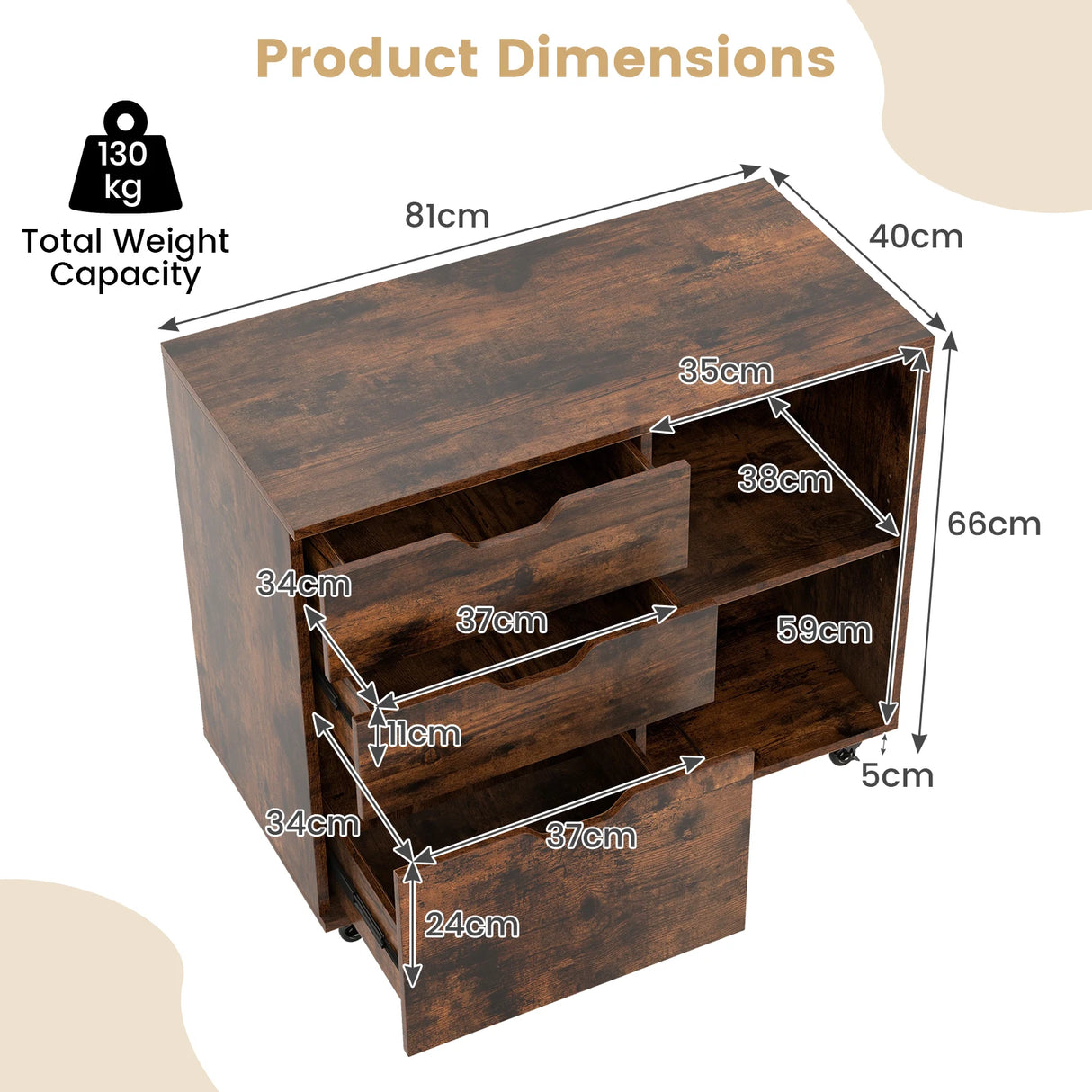 3-Drawer File Cabinet with Adjustable Shelf and Wheels for Letter-Rustic Brown