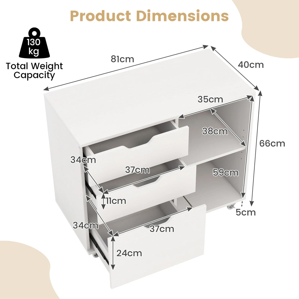 3-Drawer File Cabinet with Adjustable Shelf and Wheels for Letter-White