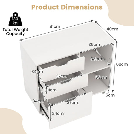 3-Drawer File Cabinet with Adjustable Shelf and Wheels for Letter-White