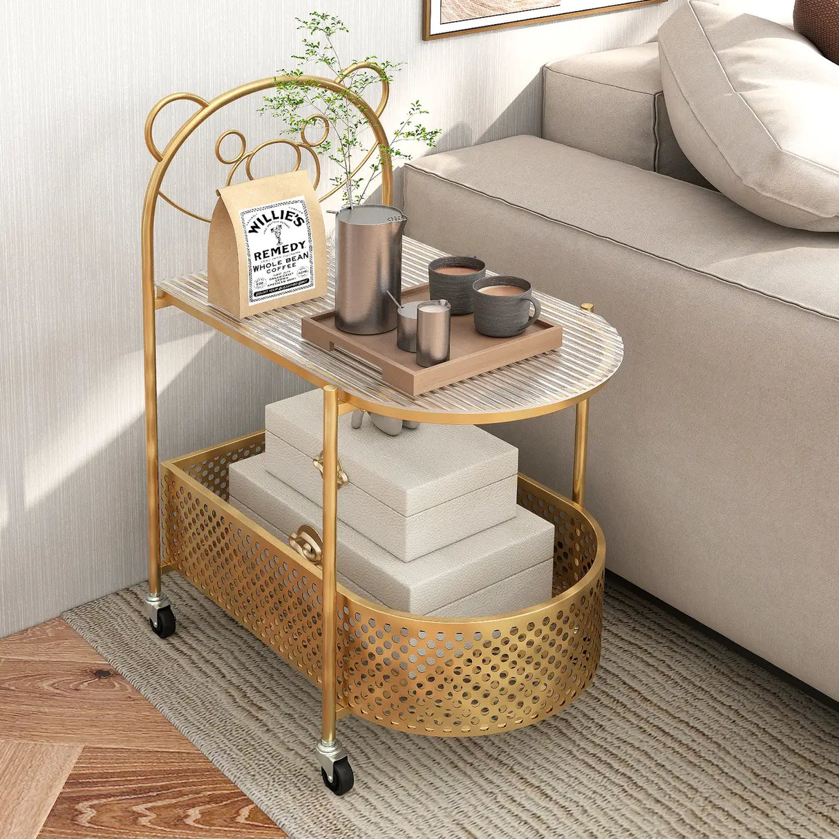2-Tier Mobile Glass Coffee Table with Bear Pattern and Storage Basket-Golden