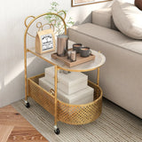 2-Tier Mobile Glass Coffee Table with Bear Pattern and Storage Basket-Golden