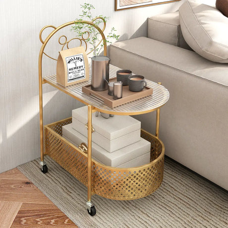 2-Tier Mobile Glass Coffee Table with Bear Pattern and Storage Basket-Golden