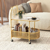 2-Tier Mobile Glass Coffee Table with Bear Pattern and Storage Basket-Golden