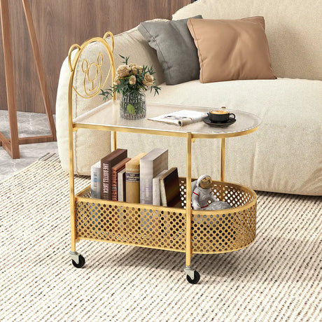 2-Tier Mobile Glass Coffee Table with Bear Pattern and Storage Basket-Golden